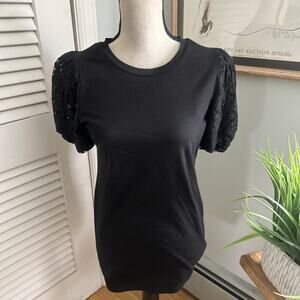 Pomander Place Tuckernuck Top Small Black Jersey Knit Dainty Lace Puff Sleeve